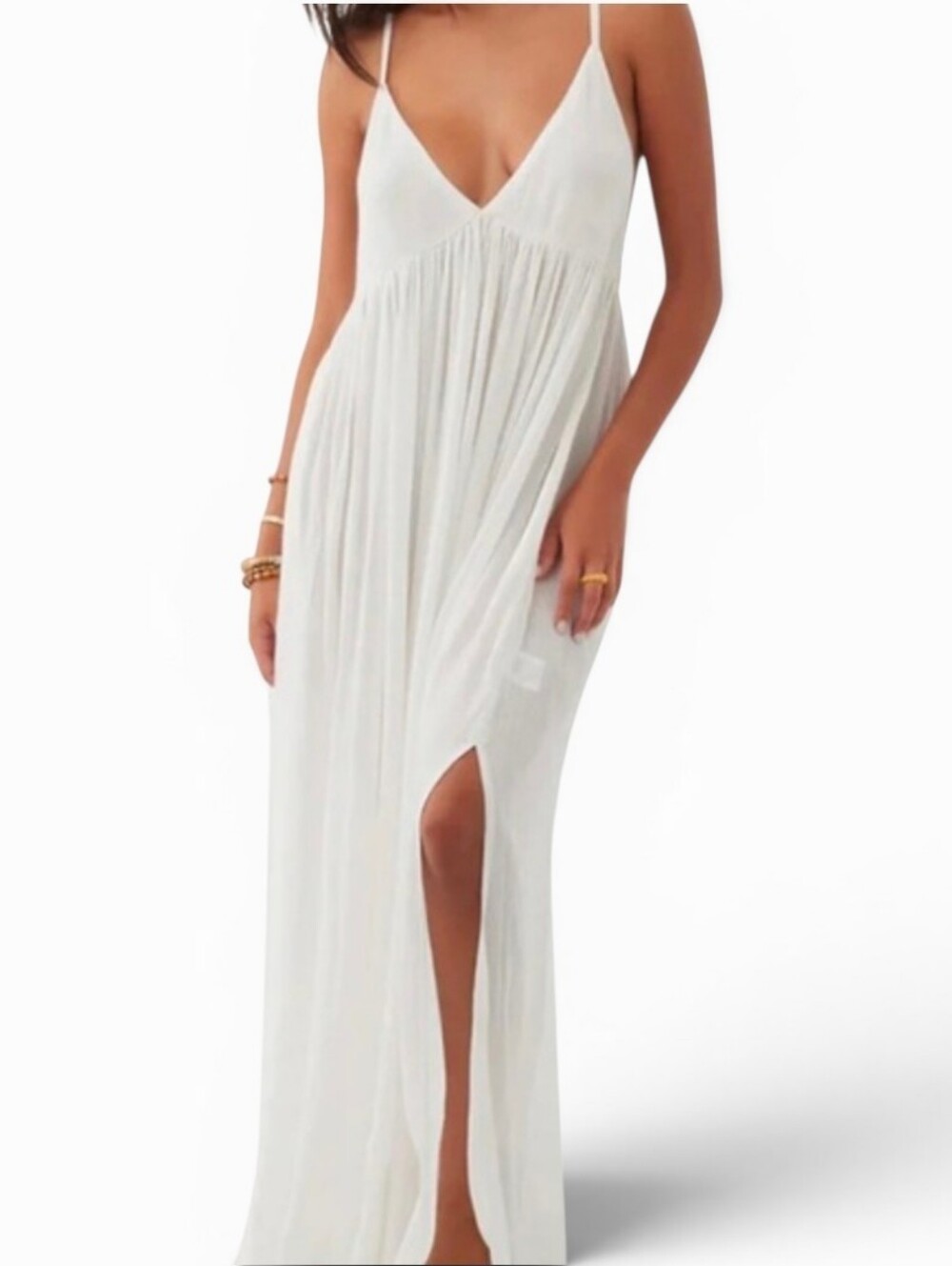 SALTWATER SOLIDS X O'NEILL White Mel V Neck Front Slit Maxi Dress - Large
